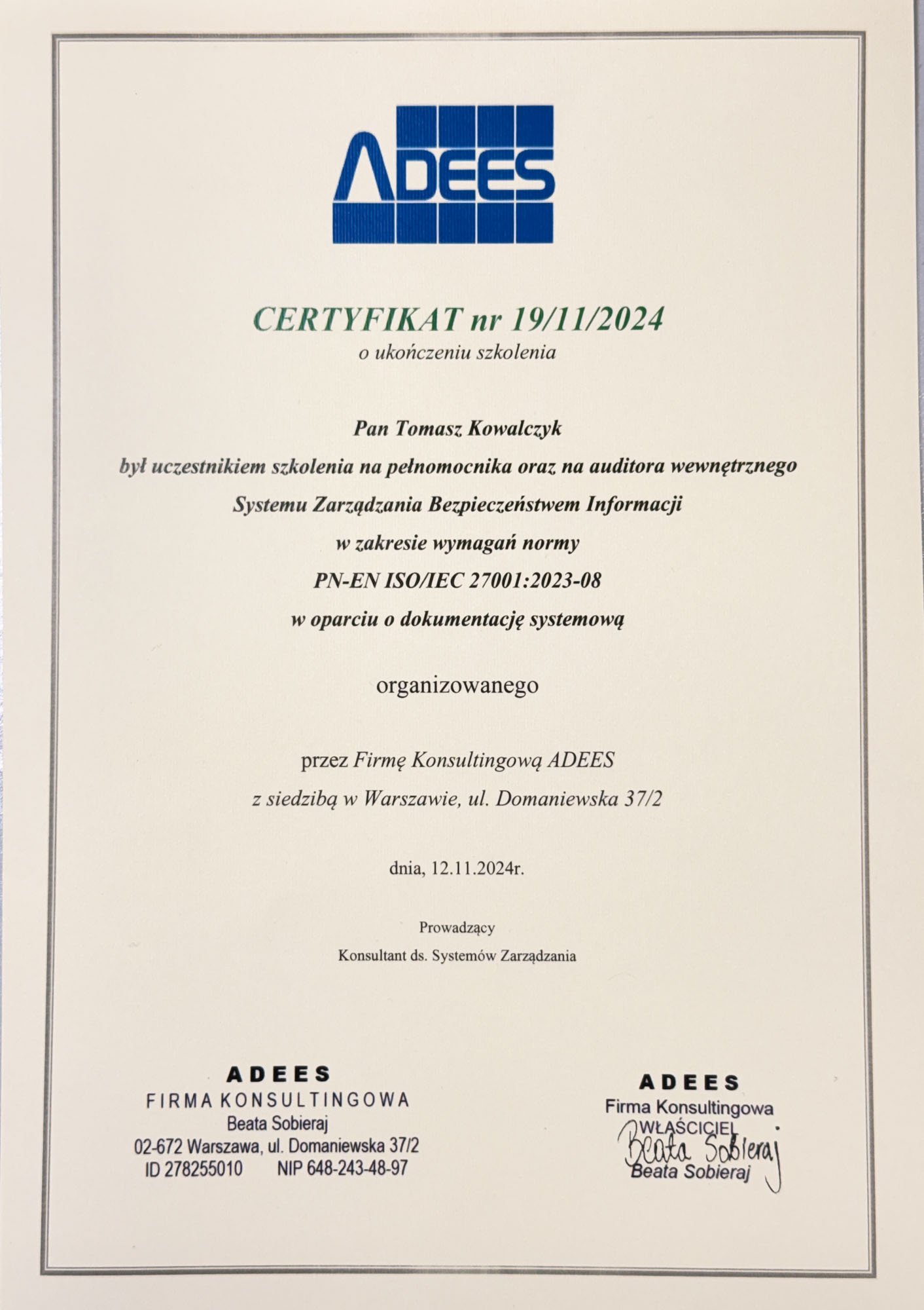 Certyfikat ISO 27001